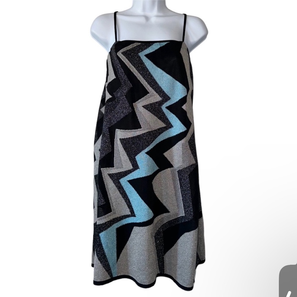 M Missoni Women’s Black/Blue/Metallic Silver Chevron Shift Mini Dress-IT 42/US 6